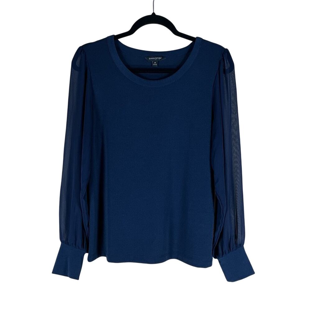 Banana Republic Blouse Women’s Medium Navy Blue Sheer Sleeve Flowy Work Preppy